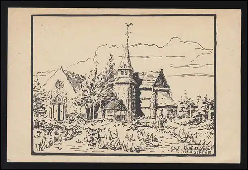 Künstler AK Radierung Zeichnung Kirche Landschaft, A. Schmidt, Feldpost 26.6.16