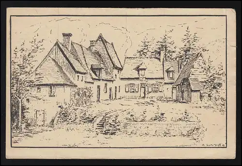 Artiste Érassure petit village paisible, signe A.Schmidt, Feldpost 14.7.1916