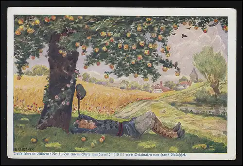 Künstler AK Hans Baluschek Soldat unter Apfelbaum Volkslieder SCHWEINFURT 9.4.18