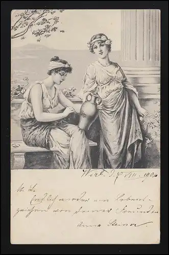 Künstler AK Zeichnung griechisch Frauen Amphore WORB/ GROSSAFFOLTERN 8.8.1904