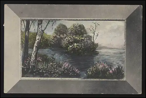 Künstler AK Birken am Fluss Ufer Blüten Rahmen, DIEPOLDSAU/ SILS MARIA 28.4.1908