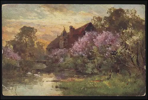 Künstler AK Schloss mit Brücke am Fluss, blühende Bäume, WILHELMSHAVEN 15.4.17