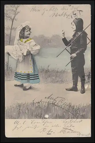 Enfants AK Fille en costumes, garçon comme balançoire de cheminée, CASSEL 13.5.1908