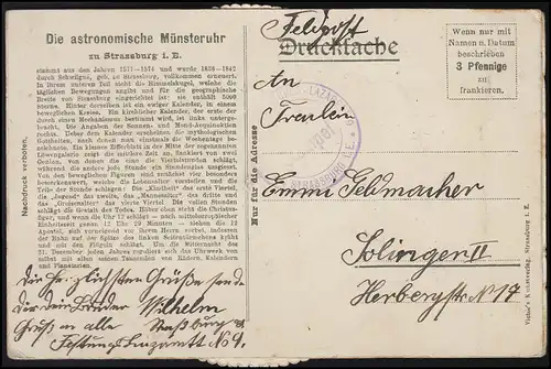 AK Europa, astronomische Uhr mit Rädchen, Münster STRASSBURG Feldpost um 1916