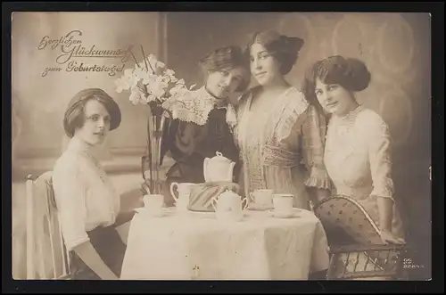 Glückwunsch AK Geburtstag, Junge Frauen feiern Kaffee & Blumen GUNZENHEIM 5.2.14
