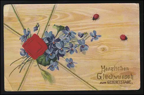 Félicitations AK cadeau avec sceau et fleurs, coccinelle cobaye 3.6.1913