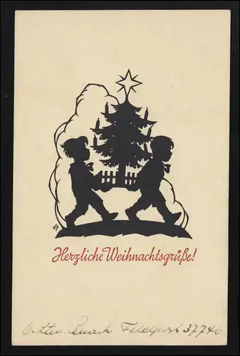 Scherenschnitt Weihnachten 2 Jungen tragen Weihnachtsbaum, Feldpost 21.12.1939
