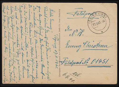 Scherenschnitt E. Forck, Elfe beobachtet Bienen / Blume, Feldpost TÖGING 14.8.41