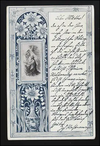 AK Jesus betend Fayence Malerei, Ornamente, Blumen, INNSBRUCK/ DACHAU 9.2.1904