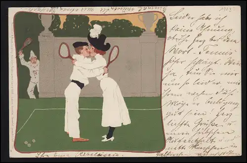 AK Tennis Sport Liebe Paar küsst sich auf dem Court, FUERTH / MUENCHEN 7.7.1903