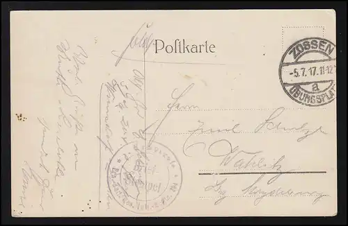 AK Félicitations anniversaire, fleurs branches, poste de champ ZOSSEN terrain d'entraînement 5.7.1917