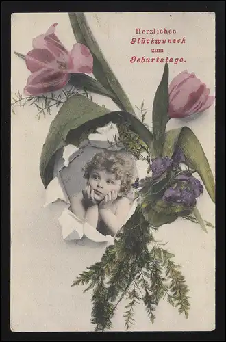 AK Félicitations anniversaire tulipes bouquet, enfant putte angel, couru 20.10.1900