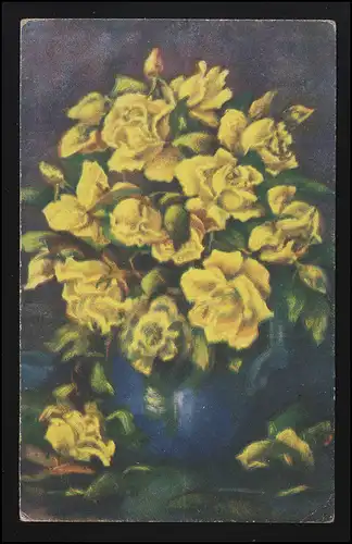 Artiste AK Roses jaunes Vase bleu, Poste de Champ II Compagnie Lw. Regt. 4, 3.7.1918