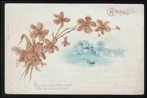AK Gruss aus MÜNCHEN, Isar Ufer Brücke, getrocknete Blumen VILSHOFEN um 1906
