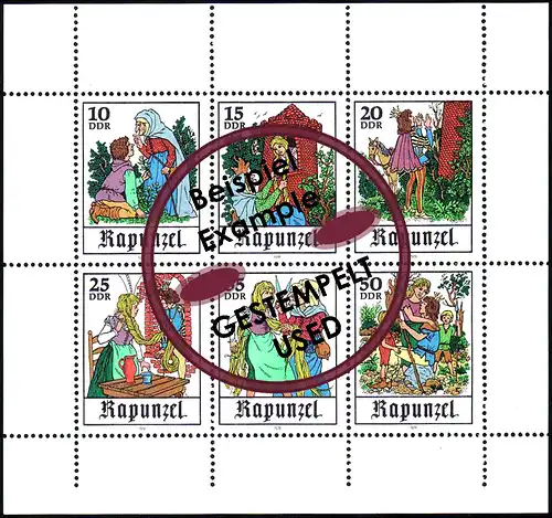 2382-2387 Märchen-Kleinbogen Rapunzel, unten nicht durchgezähnt, Tagesstempel