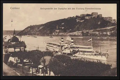 AK Schifffahrt COBLENZ Anlegestelle Dampfer Ehrenbreitstein Gutmanns, 30.6.1916
