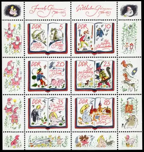 2987-2992 Märchen-Kleinbogen mit PLF 2992: Punkt hinter der 1985, Feld 6 **