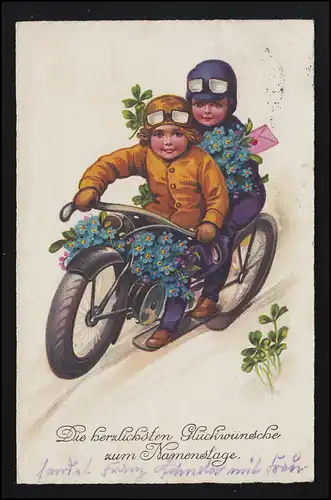 AK Kinder fahren Motorrad Oldtimer Blumen, "Saar Abstimmung", LANDSHUT 4.10.35