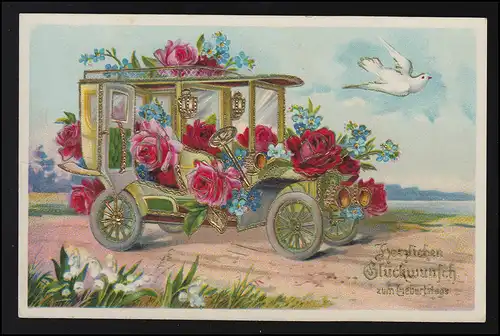 AK Straßenverkehr Oldtimer Limousine, Taube Blumen Glückwünsche, ALTMARK