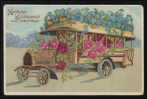 AK Straßenverkehr Oldtimer Bus Blumen Glückwunsch, LEIPZIG LINDENAU 15.5.1911