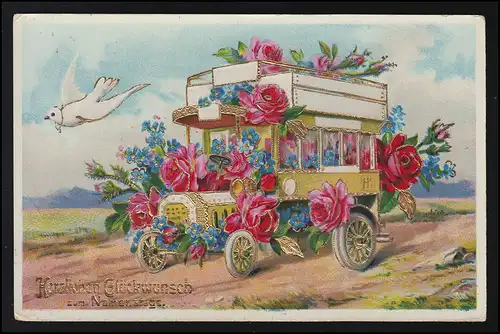 AK Straßenverkehr Oldtimer Bus Blumen Glückwunsch Taube, LEUTKIRCH 21.6.1938