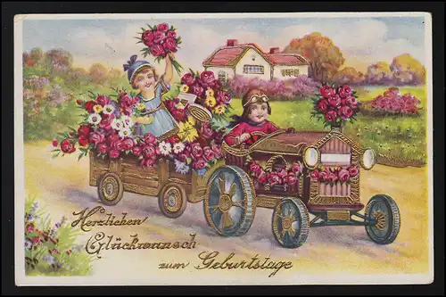 AK Straßenverkehr Kinder Auto Anhänger Blumen Glückwunsch, ARZBERG 11.7.1939
