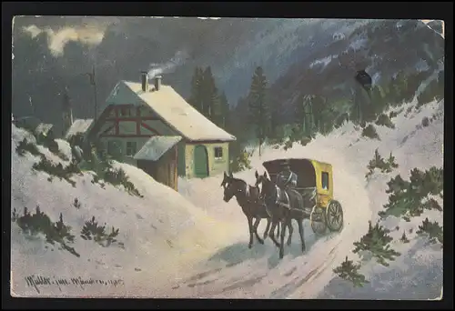 AK Kutsche Winter Pferde Schnee Landschaft, Gemälde signiert, LÜCHTRINGEN 1912