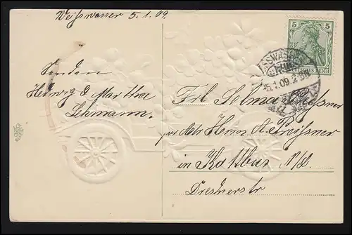 AK transport routier Oldtimer Cabrio Félicitations fleurs, EAU WEISS 15.1.09