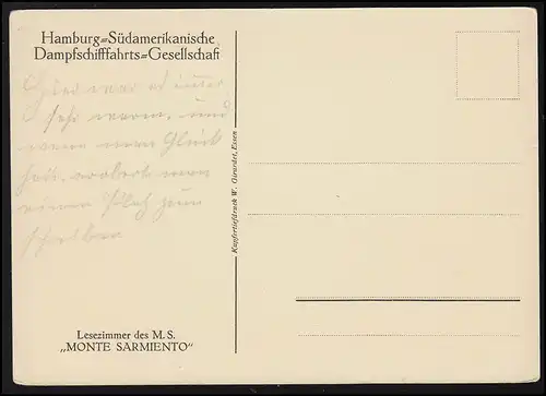 Navigation M.S. Monte Sarmiento Salle de lecture Hambourg-Amérique du Sud ligne marquée