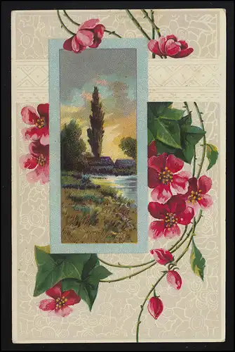 AK rote Rosen Blüten umrahmen Flusslandschaft, Feldpost VILLINGEN 23.4.1915