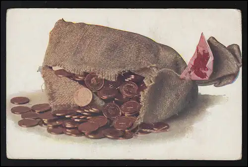 AK Leinensack mit Siegel, gefüllt mit Münzen, Neujahr, Glück, ungebraucht