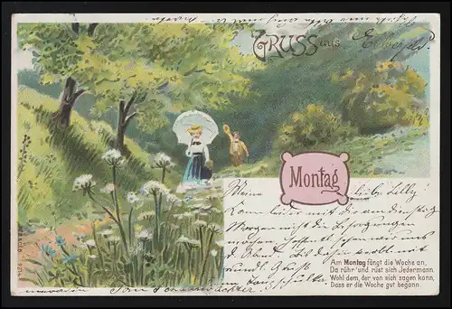 AK Amour, homme fait signe et hante jeune femme par des prés, ELBERFELD27.1.1901