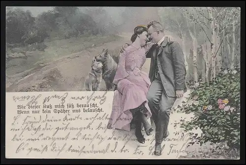 Liebe AK Paar auf der Mauer kurz vor Kuss, Hunde TUTTLINGEN/ LUCENS 9.1.1905