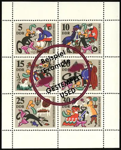 1426-1431 Märchen-Kleinbogen Der gestiefelte Kater, mit Tagesstempel