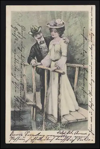 AK Cher artiste couple d'amour est embrassé sur le pont, TÉISNACH/ PASSAU 25.9.1903