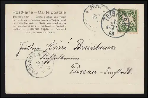 AK Cher artiste couple d'amour est embrassé sur le pont, TÉISNACH/ PASSAU 25.9.1903