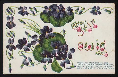 AK Amour, "Pour l'éternité" violette flore roses, verset, poème, HIESFELD 14.8.1912