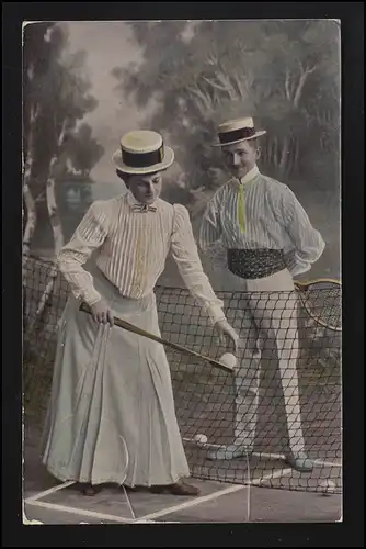 Cher couple de tennis AK Sport regards amoureux sur le net, APOLDA 26.10.1908