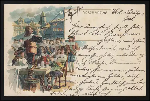AK Serenade Mousquetaires Soldats Place de Marque Trompeter WARBURG/ PADERBORN 21.7.1900