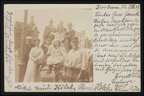 AK Foto Kinder auf Anhänger Kutsche mit Eltern BORKUM/ LEIPZIG 19.8.1904