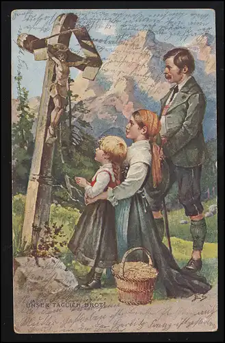 AK Kinder Vater betend Wegkreuz Unser täglich Brot! PRIEN/ BAD-AIBLING 23.2.1904