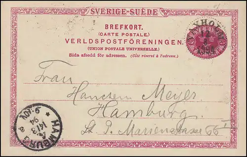 Carte postale P 20 SVERIGE-SUEDE 10 Öre, VAXHOLM 12.8.1894 vers HAMBURG 4a 14.8.94