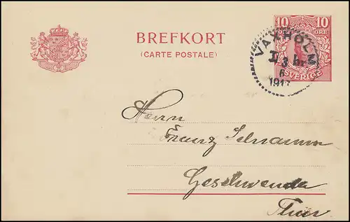 Carte postale P 30 BREFFORT 10 Öre Date d'impression 413, VAXKOLM 3.6.17