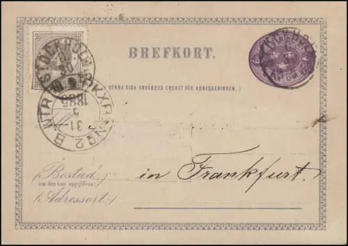 Postkarte P 1C II BREFKORT 6 Öre, STOCKHOLM 30.5.1885 per Bahnpost PKXP 31.5.85