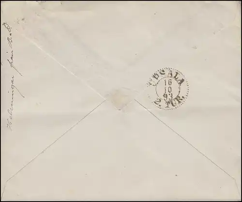 Umschlag 9X Drei Kronen 10 Öre, STOCKHOLM 15.10.1893 nach UPSALA 16.10.93