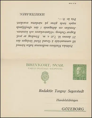 Postkarte P 43 Brevkort König Gustav 10/10 Öre, GÖTEBORG 21.9.1926