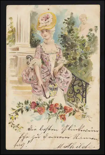 AK Femmes dame fine Rokkoko Baroque Chapeau de cour, MUNICHE/LACH 8.9.1900