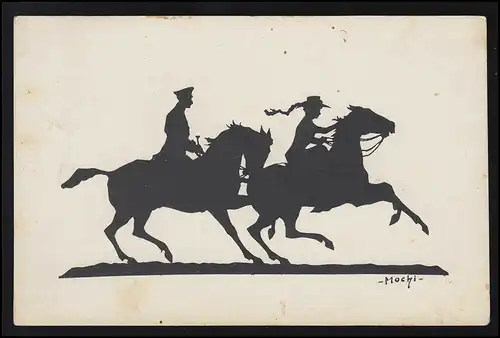 Scherenschnitt AK Ugo MOCHI Art Artist Ausritt zu Pferde, BEESKOW 24.11.1917