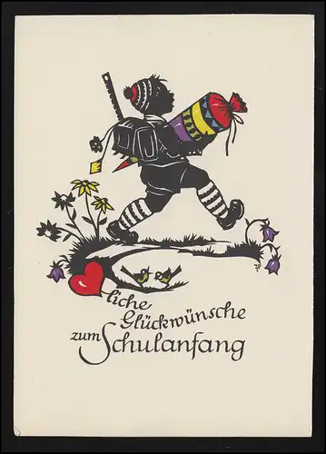 Scherenschnitt Junge mit bunter Schultüte Glückwünsche Schulanfang, ungebraucht