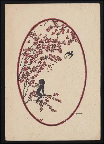 Scherenschnitt E. Forck Elfe schaut Schwalbe hinterher, Feldpost TÖGING 20.8.41